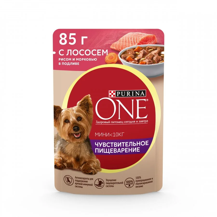 Влажный корм Purina ONE® Мини Чувствительное пищеварение для взрослых собак мелких пород с чувствительным пищеварением, с лососем, рисом и морковью в подливе, Пауч, 85 г