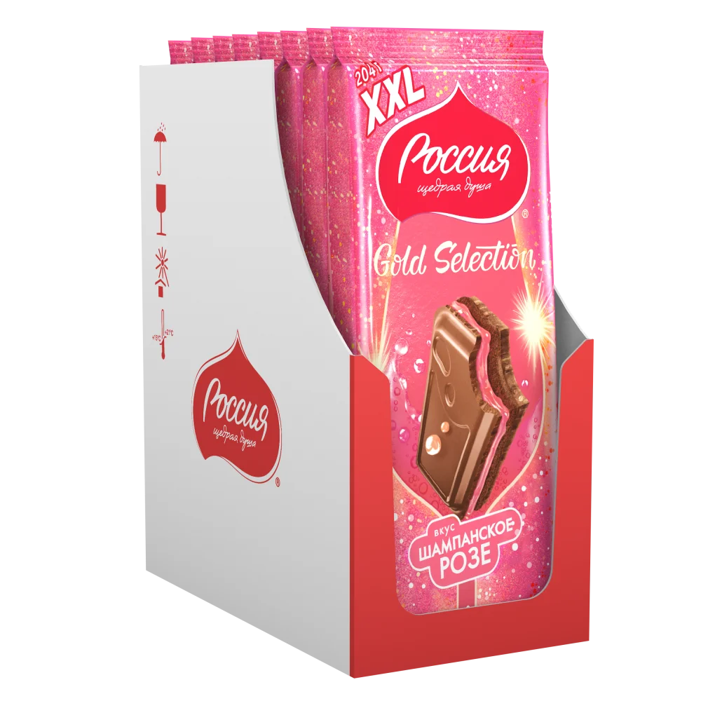 «РОССИЯ» - ЩЕДРАЯ ДУША!® ГОЛД СЕЛЕКШН. ВКУС ШАМПАНСКОЕ. РОЗЕ. Молочный шоколад с двухслойной начинкой: начинка со вкусом шампанского и начинка со вкусами персика и личи.