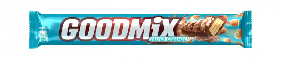 GOODMIX. Salted Caramel taste. Молочный шоколад с начинкой со вкусом соленой карамели, с хрустящей вафлей, декорированный. 44г