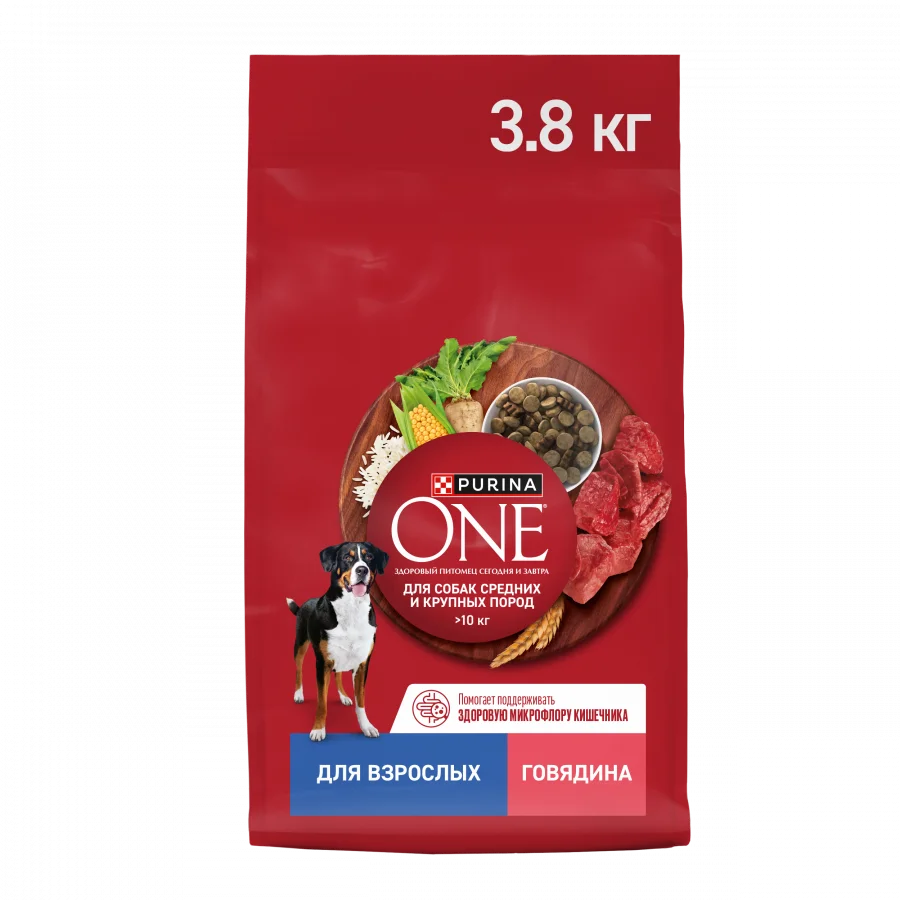Сухой корм Purina ONE® для взрослых собак средних и крупных пород, с высоким содержанием говядины и с рисом 3,8 кг