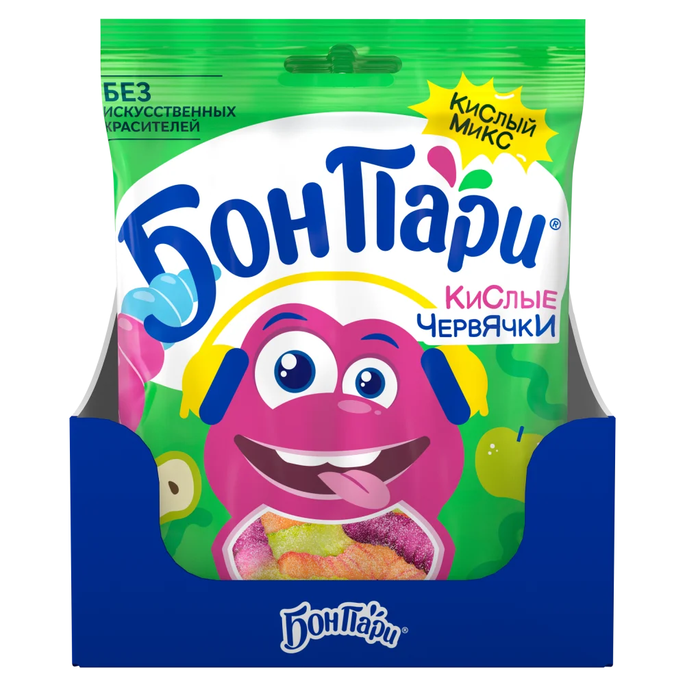 БОН ПАРИ КИСЛЫЕ ЧЕРВЯЧКИ Мармелад жевательный фигурный со вкусом фруктов. 75г
