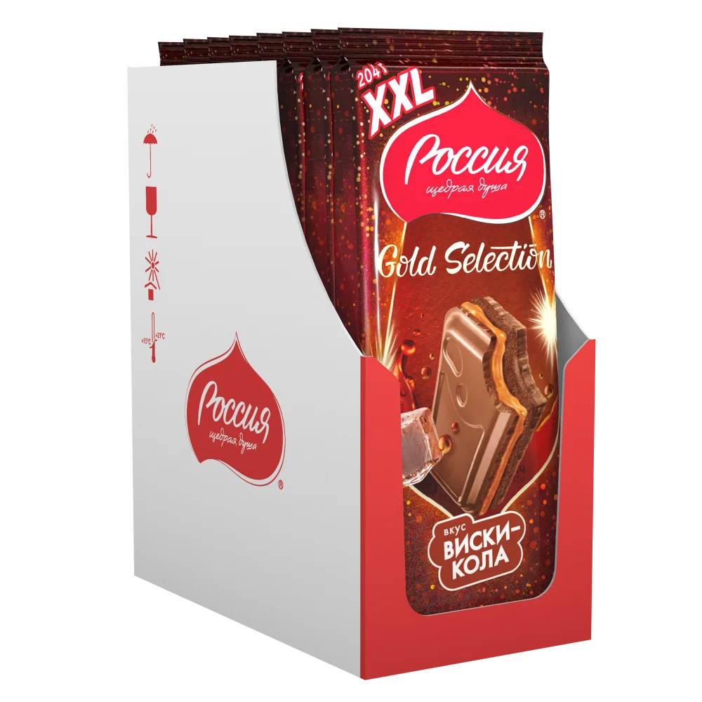 «РОССИЯ» - ЩЕДРАЯ ДУША!® ГОЛД СЕЛЕКШН. ВКУС ВИСКИ КОЛА. Молочный шоколад с двухслойной начинкой: карамельная начинка со вкусом виски и начинка со вкусом колы.