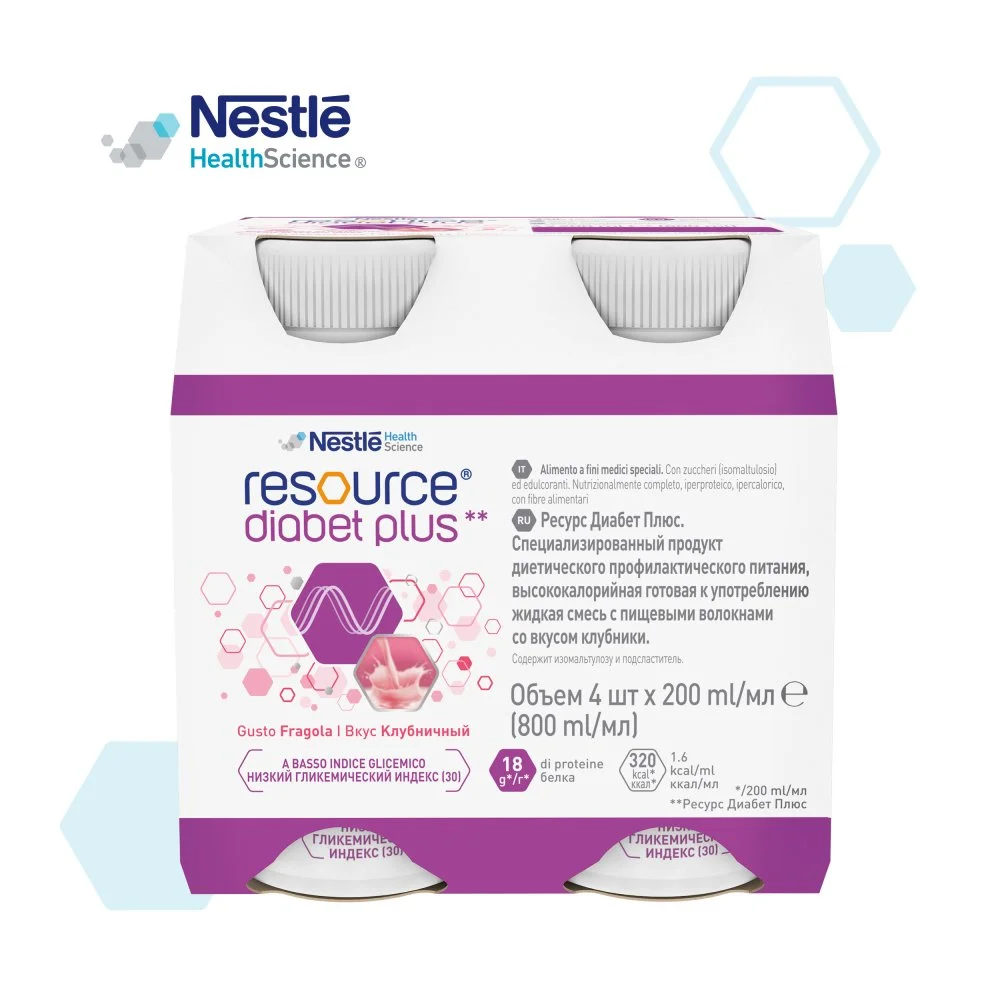 Resource® Diabet Plus  (Ресурс Диабет Плюс), жидкая смесь со вкусом клубники, 4 шт х 200 мл