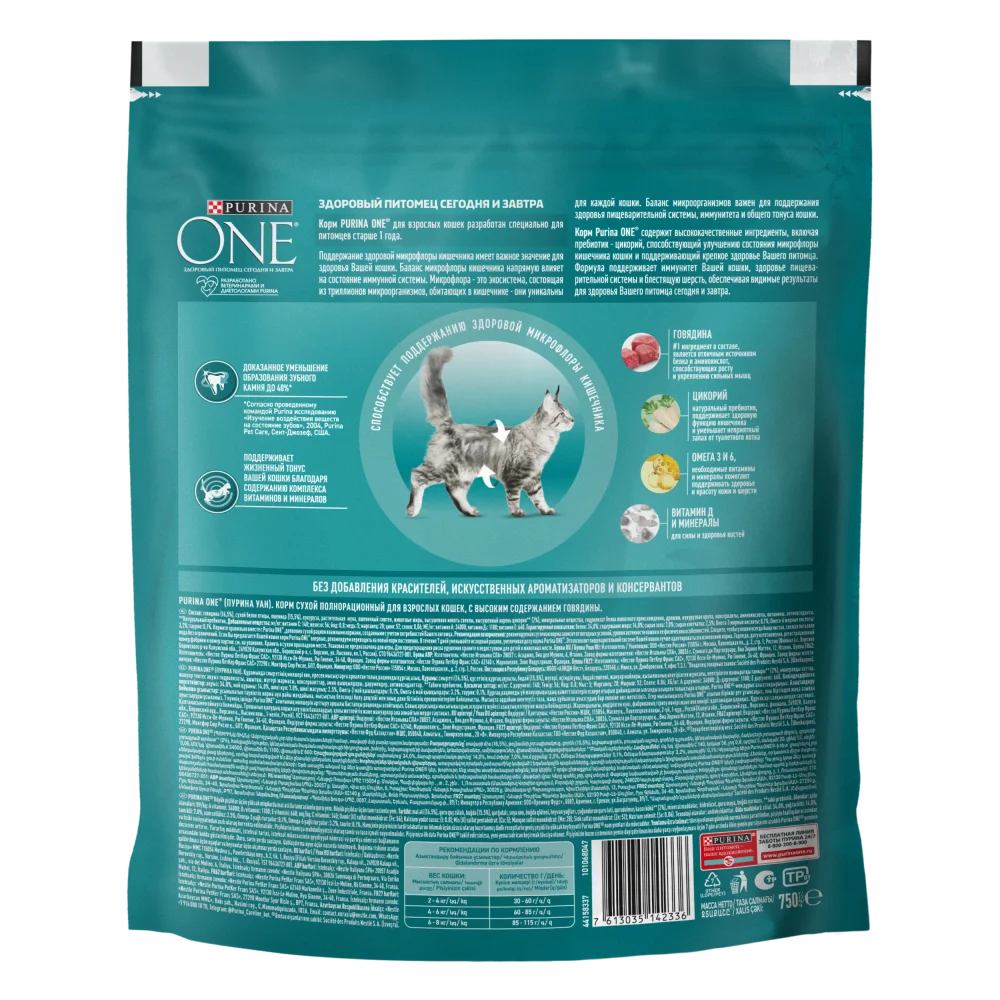 Сухой корм Purina ONE® для взрослых кошек, с высоким содержанием говядины и цельными злаками, Пакет, 750 г