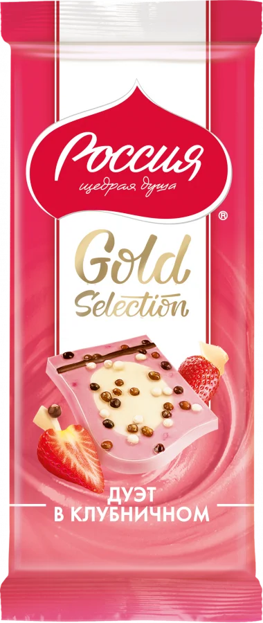 «Россия» — Щедрая Душа!® Gold Selection. Дуэт в клубничном. Белый шоколад с клубникой декорированный. 85г