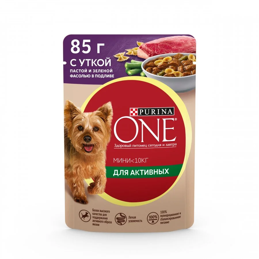 Влажный корм Purina ONE® Мини Активная для взрослых собак мелких пород с активным образом жизни, с уткой, пастой и зеленой фасолью в подливе, Пауч, 85 г