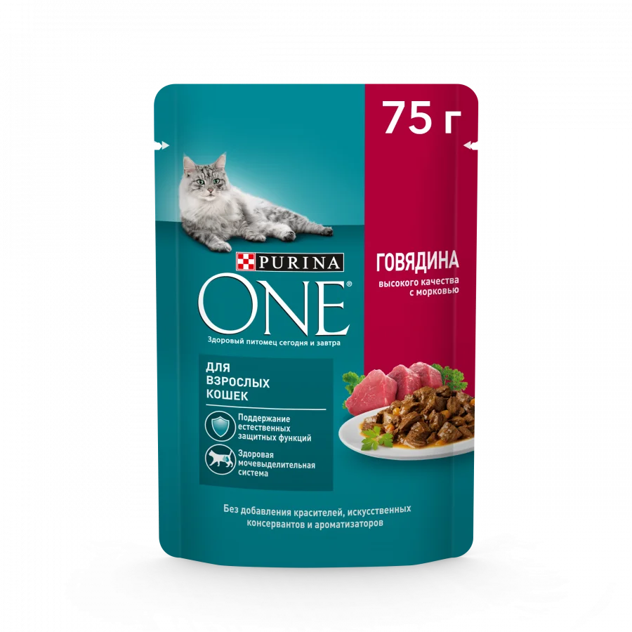 Влажный корм Purina ONE для взрослых кошек, с говядиной и морковью, пауч, 75г