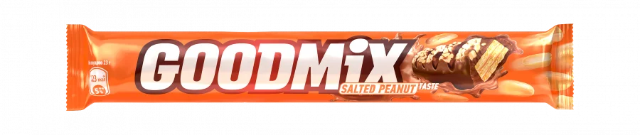 Goodmix® Salted peanut taste. Молочный шоколад с начинкой со вкусом соленого арахиса и хрустящей вафлей, декорированный. 46г