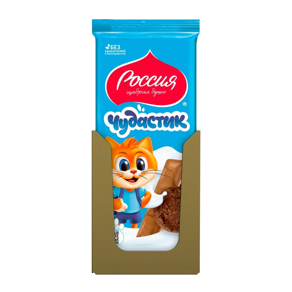«Россия» - щедрая душа!®. Чудастик. Молочный шоколад с молочной начинкой и какао-печеньем 87г