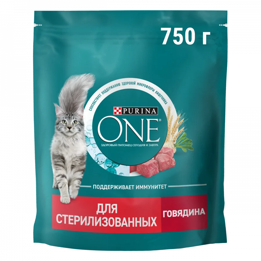 Сухой корм Purina ONE® для стерилизованных кошек и кастрированных котов, с высоким содержанием говядины и пшеницей, Пакет, 750 г