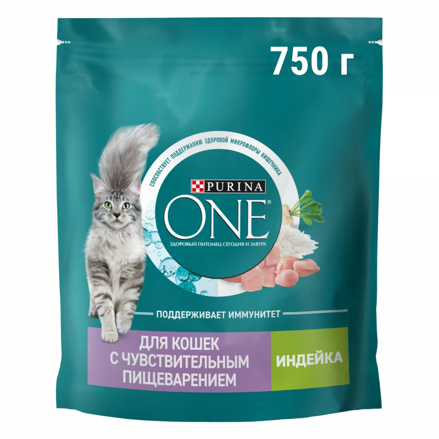 Сухой корм Purina ONE® для взрослых кошек с чувствительным пищеварением и разборчивым вкусом в еде, с высоким содержанием индейки и рисом, Пакет, 750 г