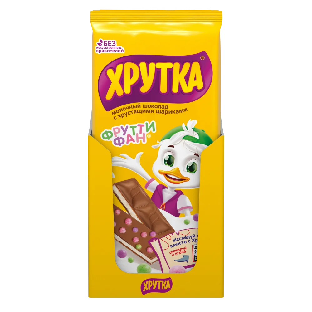 Хрутка. ФруттиФан. Молочный шоколад с молочной начинкой со вкусами фруктовый микс и банан, с хрустящими шариками 88г