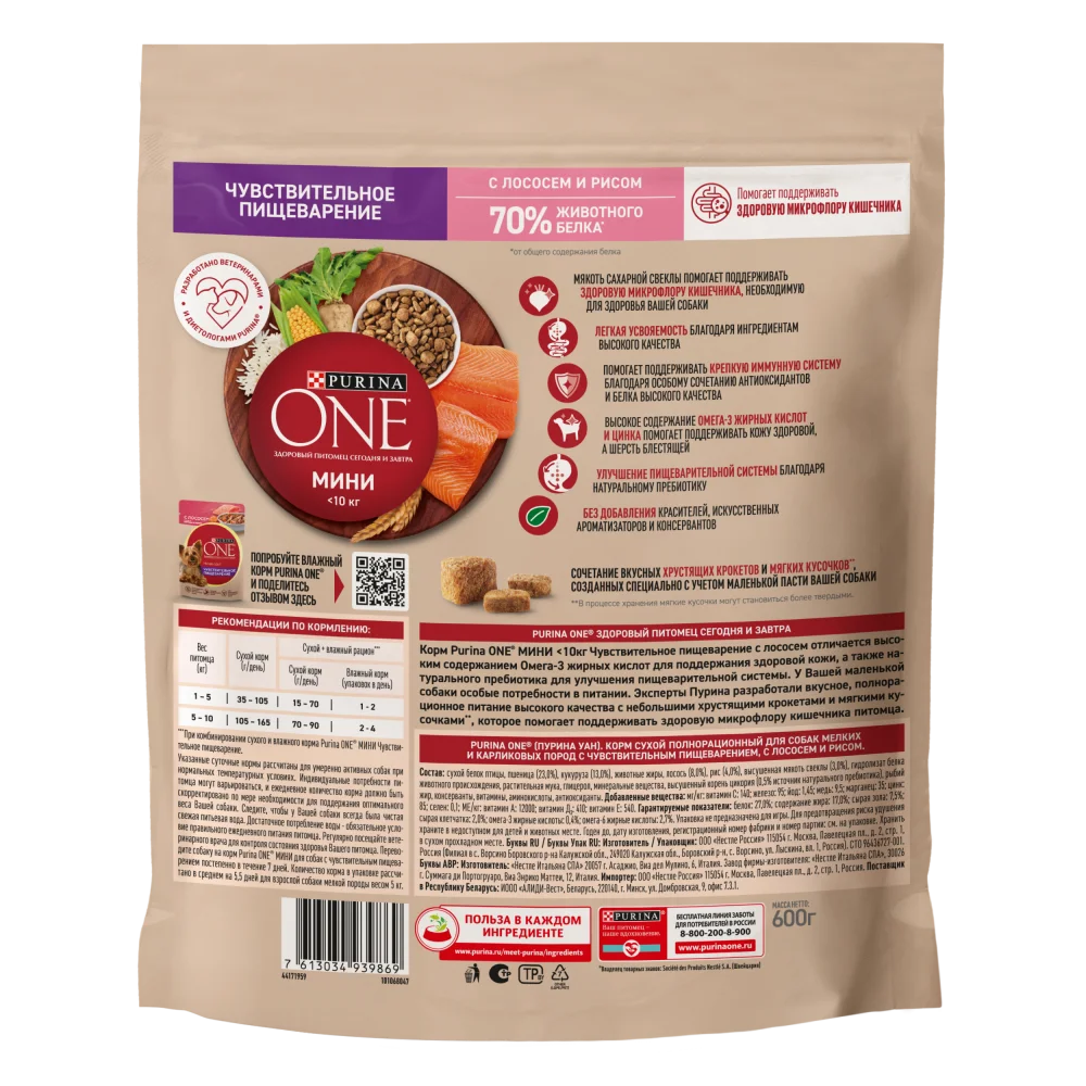 Сухой корм Purina ONE® Мини Чувствительная для взрослых собак мелких пород с чувствительным пищеварением, с лососем и рисом, Пакет, 600 г