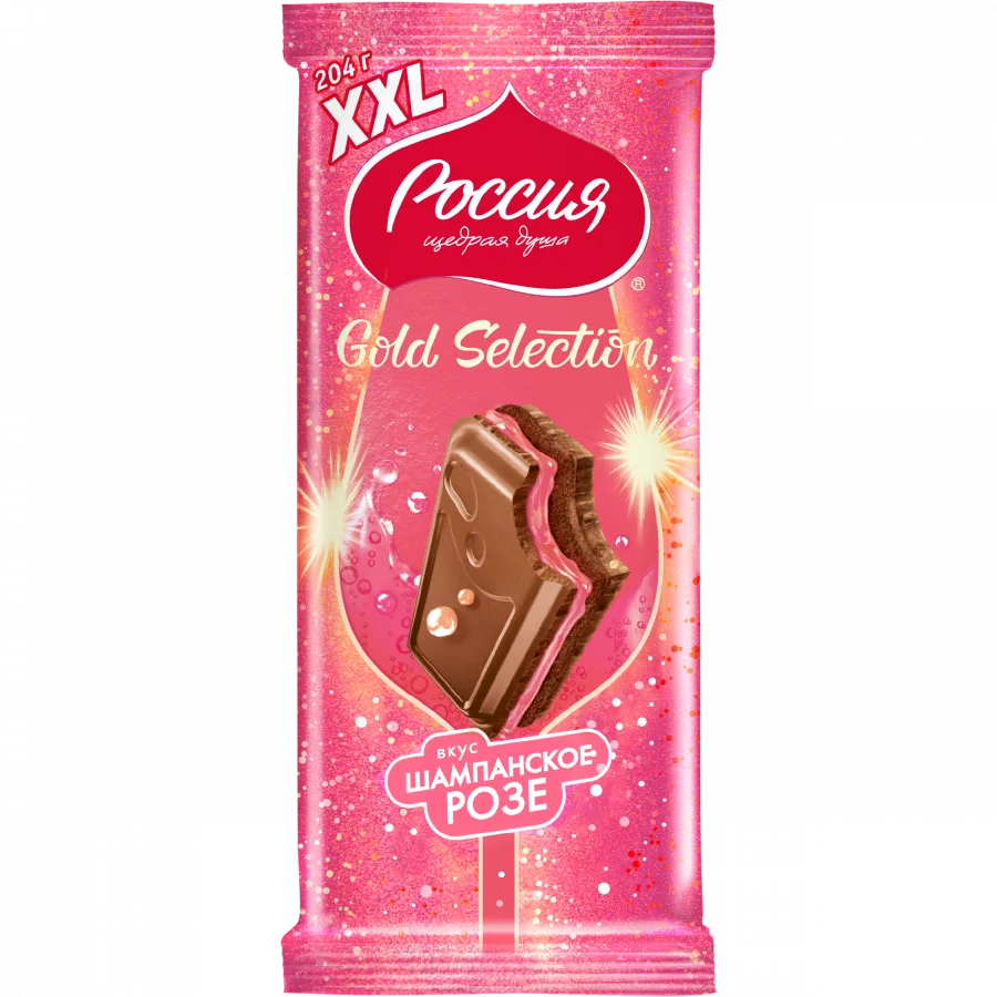 «РОССИЯ» - ЩЕДРАЯ ДУША!® ГОЛД СЕЛЕКШН. ВКУС ШАМПАНСКОЕ. РОЗЕ. Молочный шоколад с двухслойной начинкой: начинка со вкусом шампанского и начинка со вкусами персика и личи.