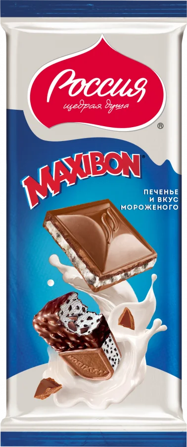 «Россия» - Щедрая Душа!® MAXIBON. COOKIE SANDWICH. Молочный шоколад с двухслойной начинкой со вкусом мороженого Maxibon и печеньем 80г