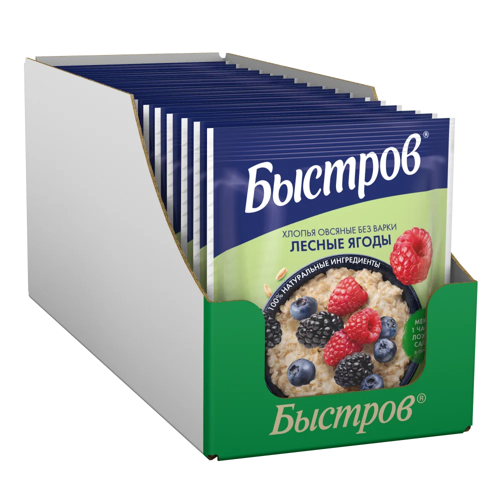 Быстров®. Без варки. Хлопья овсяные, не требующие варки, с лесными ягодами.40г
