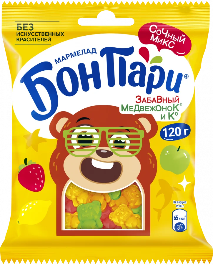 БОН ПАРИ®  ЗАБАВНЫЙ МЕДВЕЖОНОК ® И Ко. Мармелад жевательный фигурный со вкусом фруктов 120г