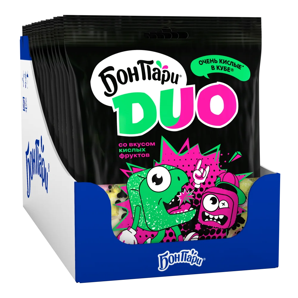 БОН ПАРИ®. ДУО. ОЧЕНЬ КИСЛЫЕ В КУБЕ®. МАРШМЕЛЛОУ. СБИВНОЕ КОНДИТЕРСКОЕ ИЗДЕЛИЕ СО ВКУСОМ КИСЛЫХ ФРУКТОВ.