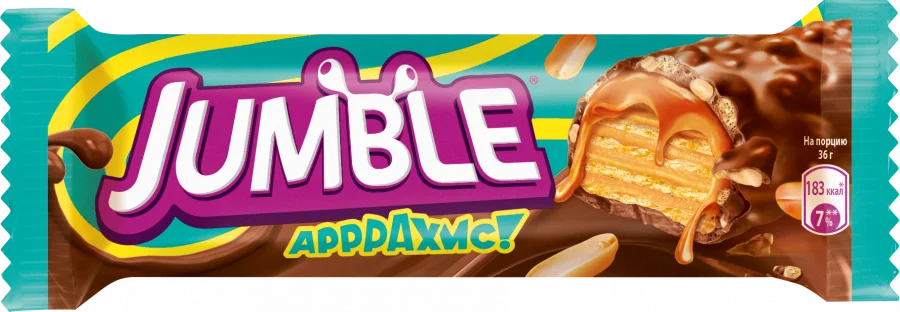 – JUMBLE® АРРРАХИС! КОНФЕТА С ВАФЛЕЙ, КАРАМЕЛЬНОЙ НАЧИНКОЙ И АРАХИСОМ, ПОКРЫТАЯ ГЛАЗУРЬЮ