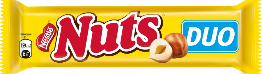 Nuts®. DUO. Конфета с фундуком. Шоколадный батончик с фундуком 66г