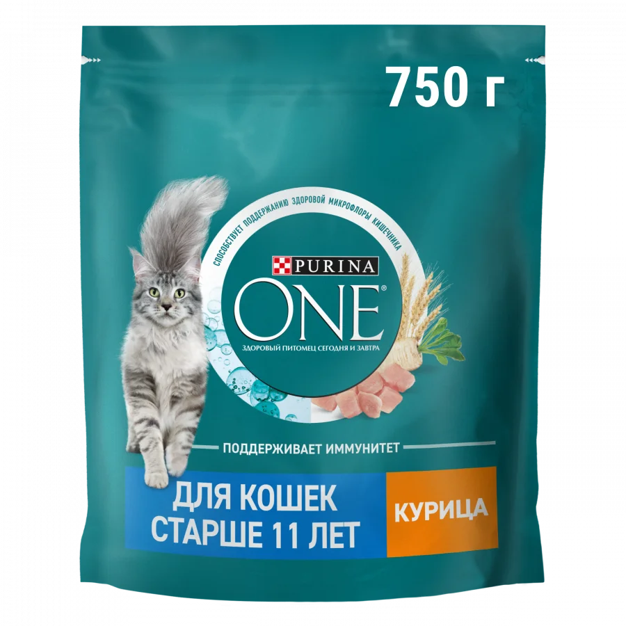 Сухой корм Purina ONE® для кошек старше 11 лет, с высоким содержанием курицы и цельными злаками, Пакет, 750 г