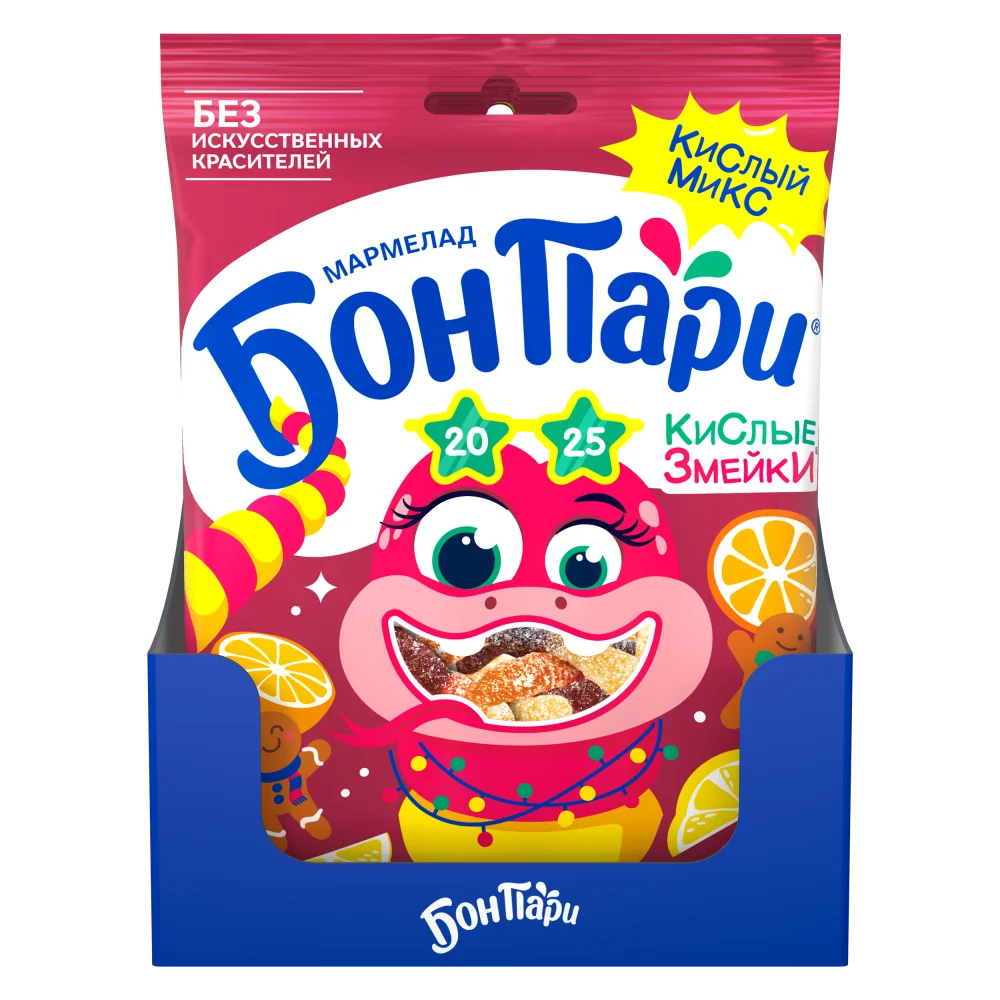 БОН ПАРИ®. КИСЛЫЕ ЗМЕЙКИ. МАРМЕЛАД ЖЕВАТЕЛЬНЫЙ СО ВКУСОМ ФРУКТОВ И ИМБИРНОГО ПРЯНИКА.