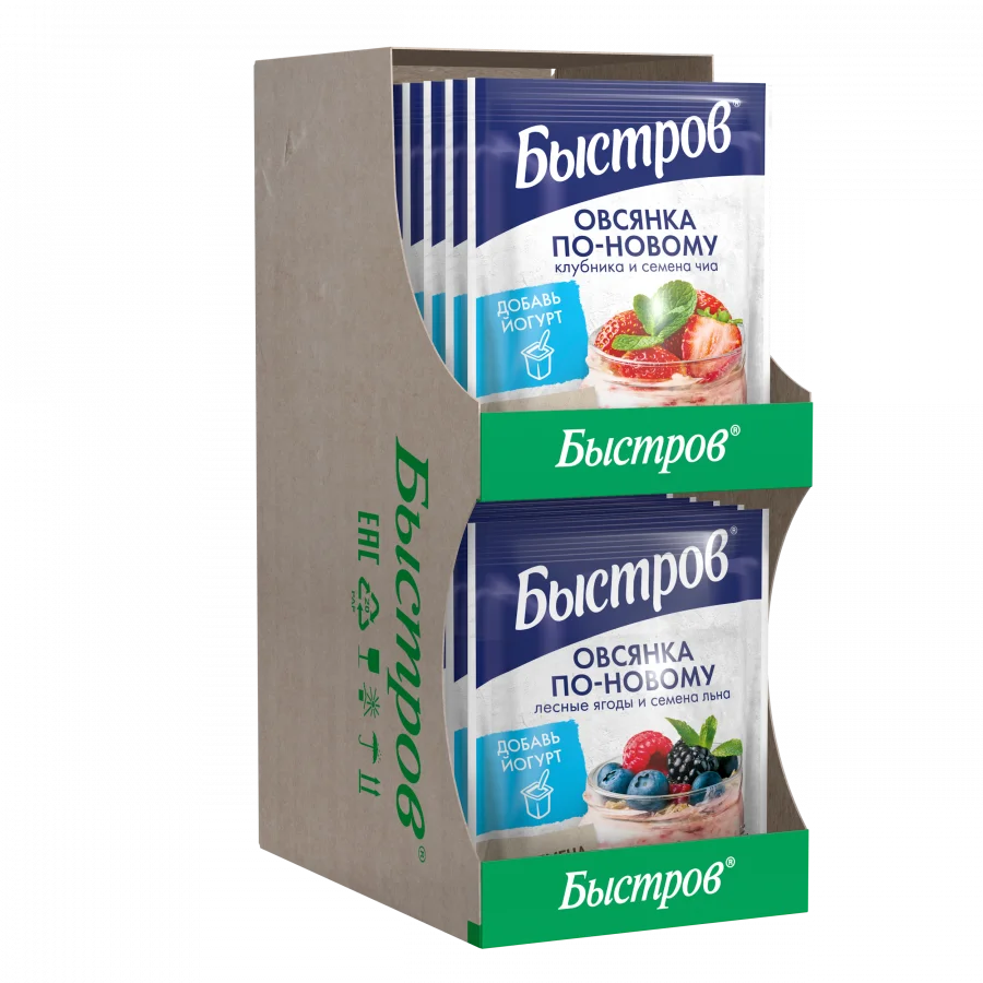 Быстров®. Ассорти. Овсянка по-новому. Хлопья овсяные, не требующие варки: с семенами льна и лесными ягодами; с клубникой и семенами чиа. 35г. (20 пакетиков)