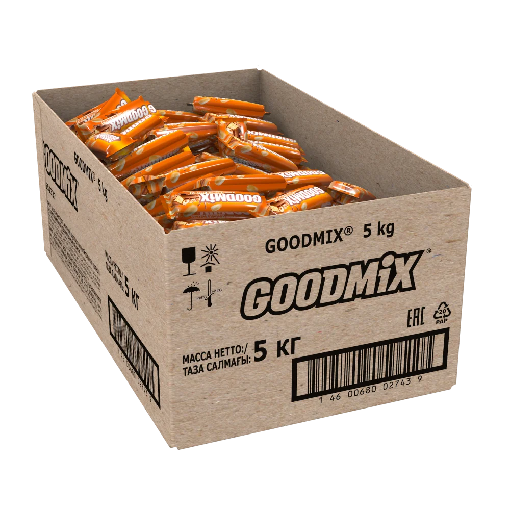 GOODMIX®. Salted Peanut taste. МИНИ. Молочный шоколад с начинкой со вкусом соленого арахиса с хрустящей вафлей, декорированный арахисом