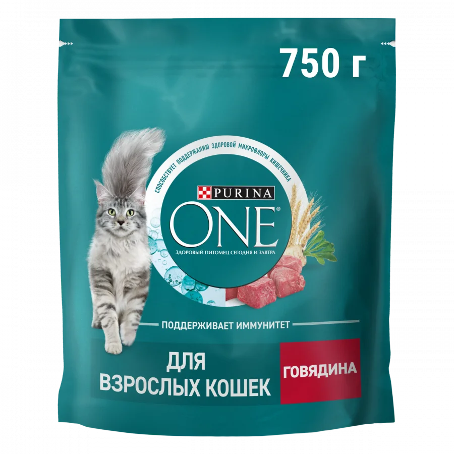 Сухой корм Purina ONE® для взрослых кошек, с высоким содержанием говядины и цельными злаками, Пакет, 750 г