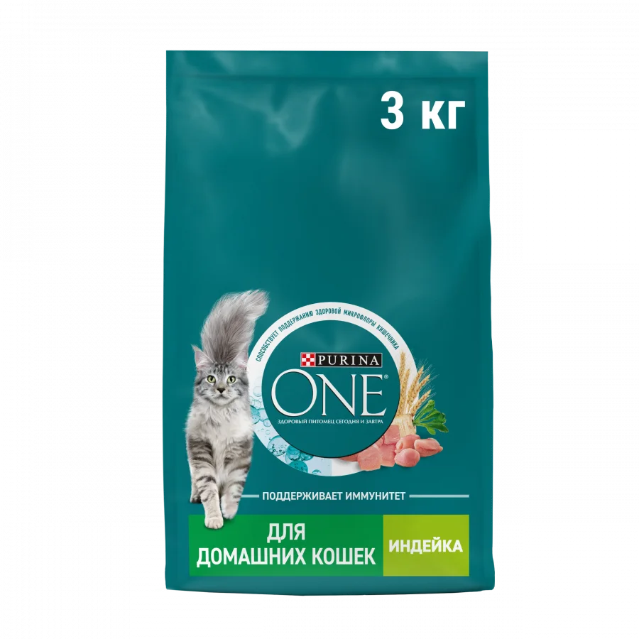 Сухой корм Purina ONE® для взрослых кошек, живущих в домашних условиях, с высоким содержанием индейки и цельными злаками, Пакет, 3 кг
