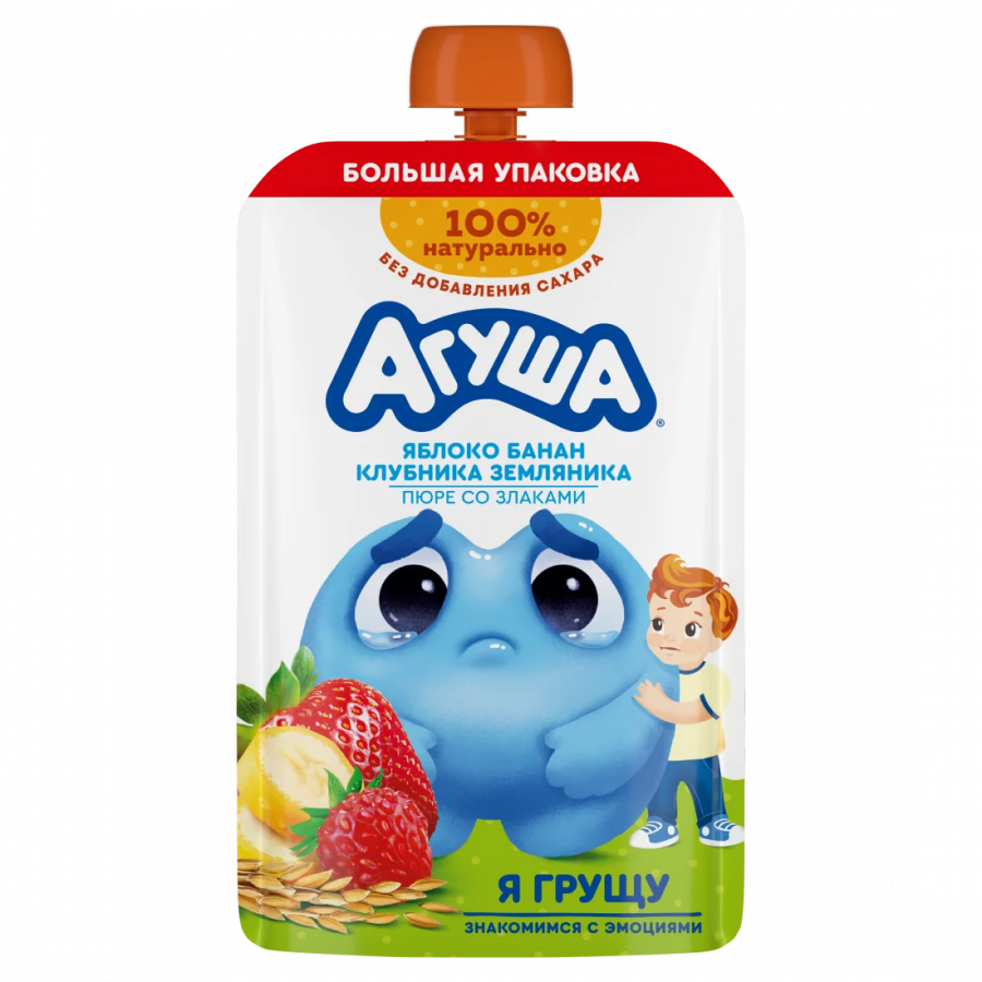 Пюре из яблока, банана, клубники и земляники со злаками. 160 г