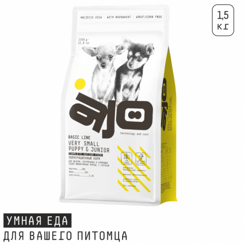 Сухой корм для щенков миниатюрных пород AJO BASIC LINE VERY SMALL PUPPY & JUNIOR с индейкой и гречкой, 1,5 кг
