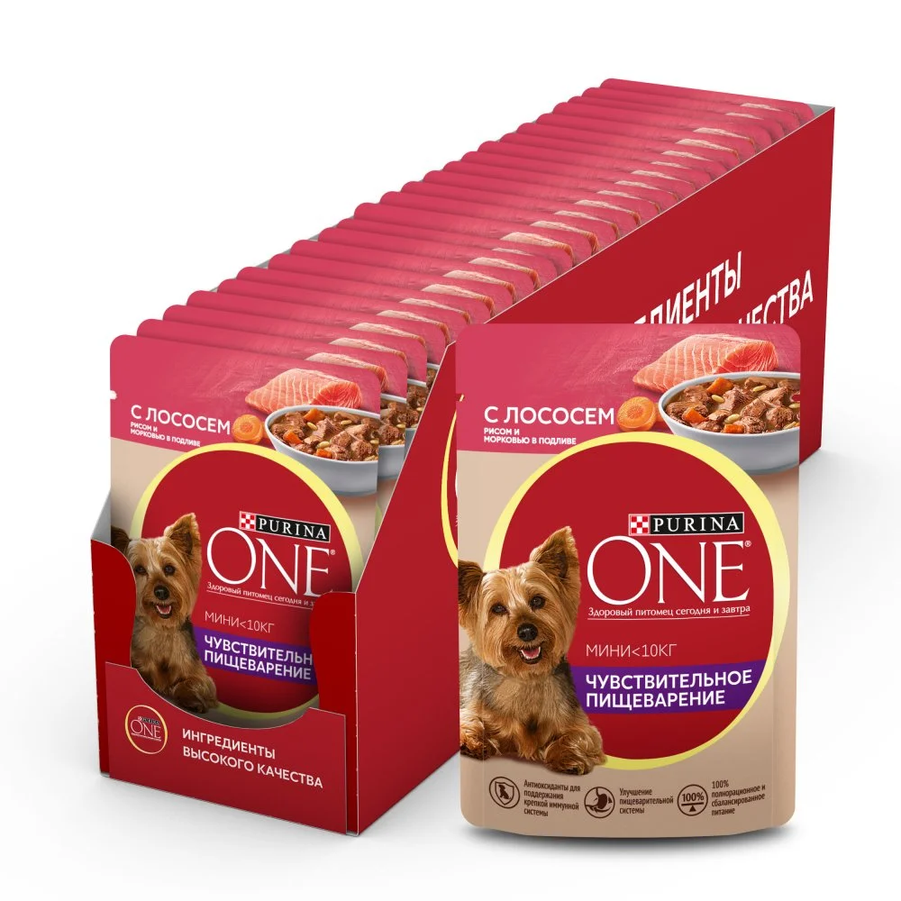 Влажный корм Purina ONE® Мини Чувствительное пищеварение для взрослых собак мелких пород с чувствительным пищеварением, с лососем, рисом и морковью в подливе, Пауч, 85 г