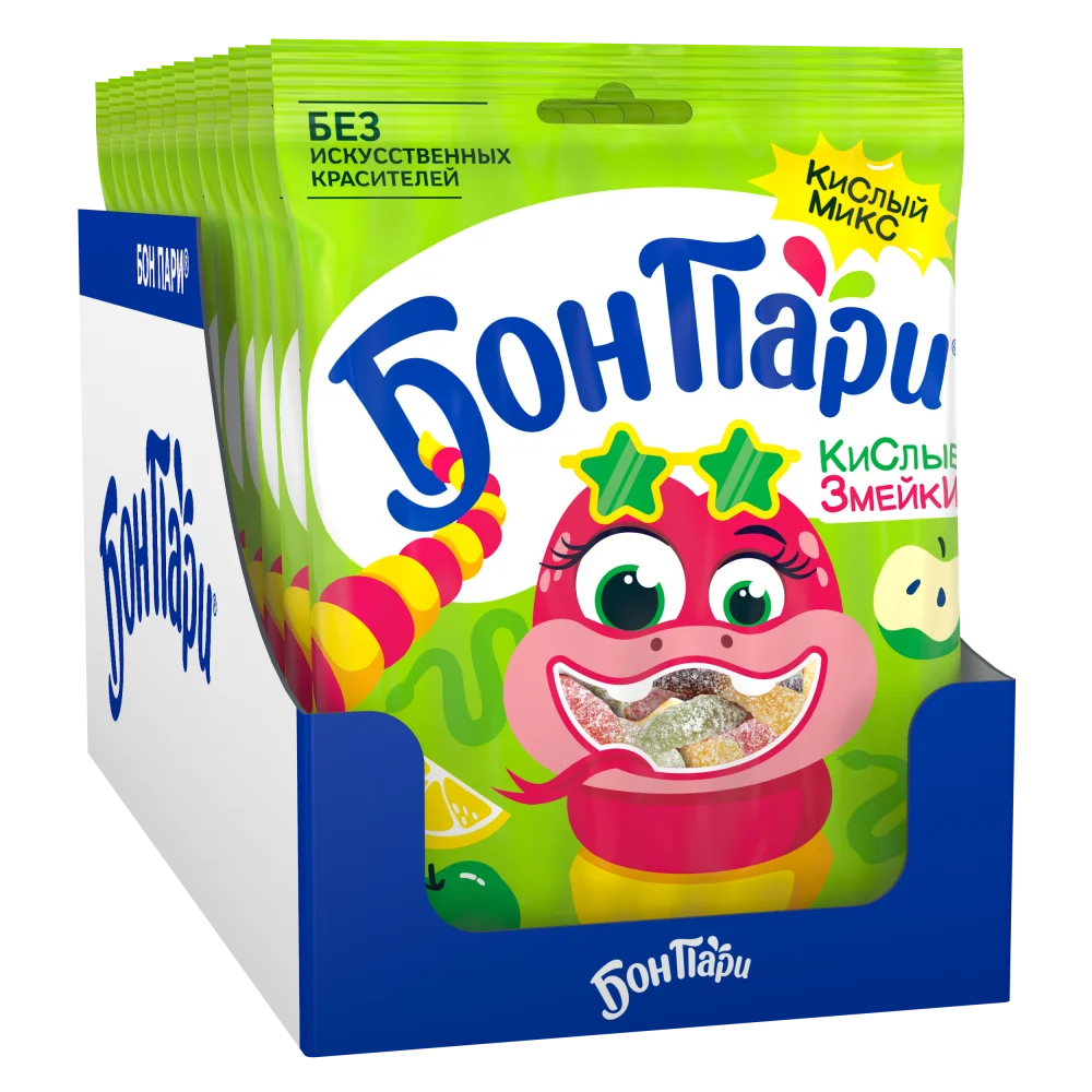 БОН ПАРИ®  КИСЛЫЕ ЗМЕЙКИ. МАРМЕЛАД ЖЕВАТЕЛЬНЫЙ ФИГУРНЫЙ СО ВКУСОМ ФРУКТОВ. 120г