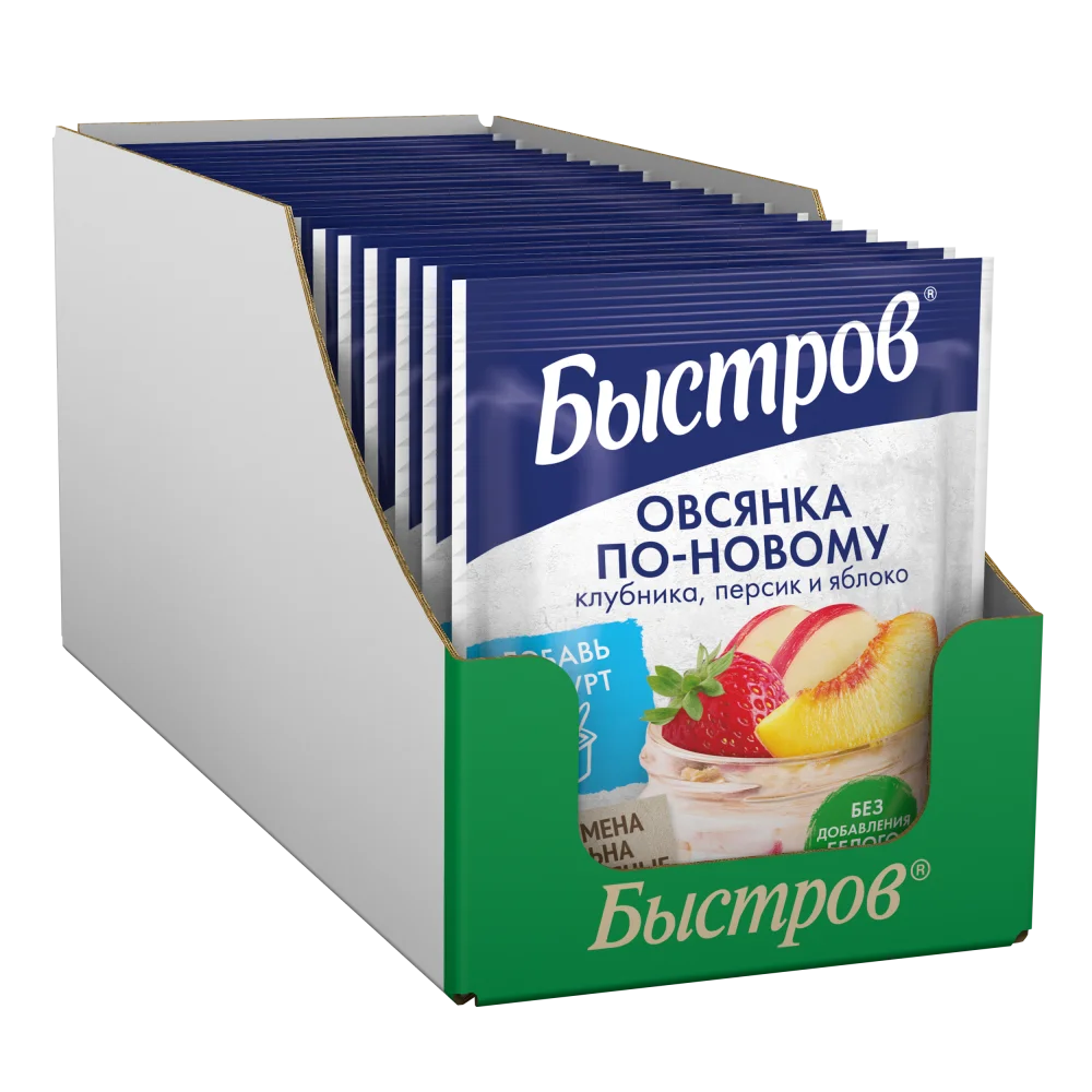 Быстров®. Овсянка по-новому. Хлопья овсяные, не требующие варки,с клубникой, персиком, яблоком, семенами льна и отрубями. 35г (17 пакетиков)