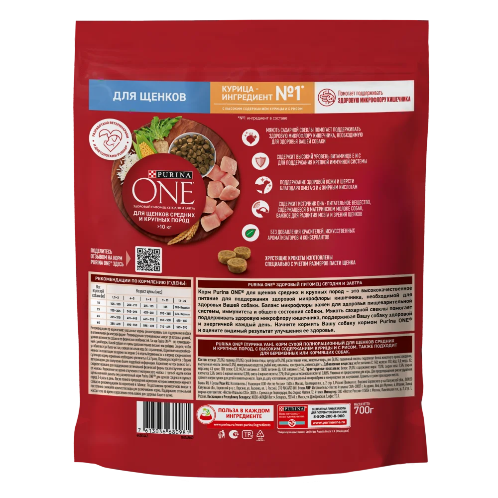 Сухой корм для щенков Purina ONE для средних и крупных пород с курицей и рисом 700 г