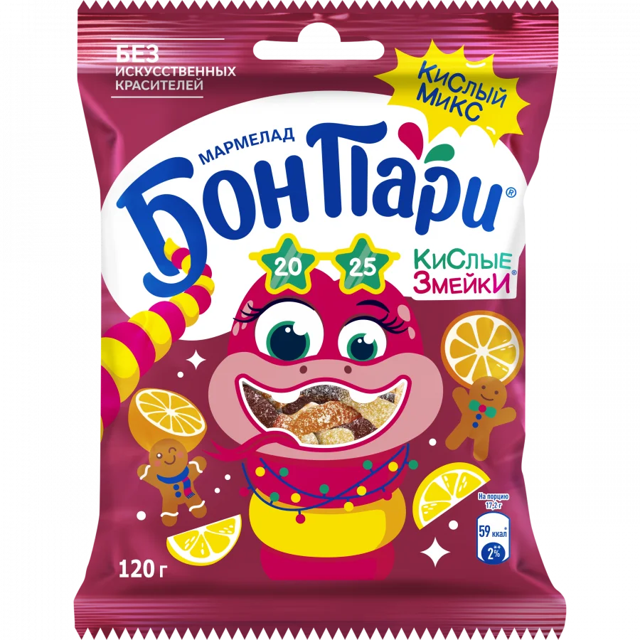 БОН ПАРИ®. КИСЛЫЕ ЗМЕЙКИ. МАРМЕЛАД ЖЕВАТЕЛЬНЫЙ СО ВКУСОМ ФРУКТОВ И ИМБИРНОГО ПРЯНИКА.