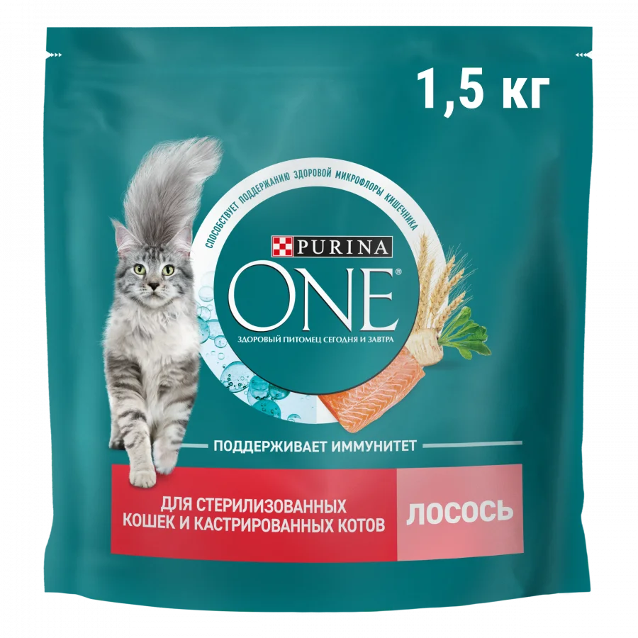 Сухой корм Purina ONE® для стерилизованных кошек и кастрированных котов, с высоким содержанием лосося и пшеницей, Пакет, 1,5 кг