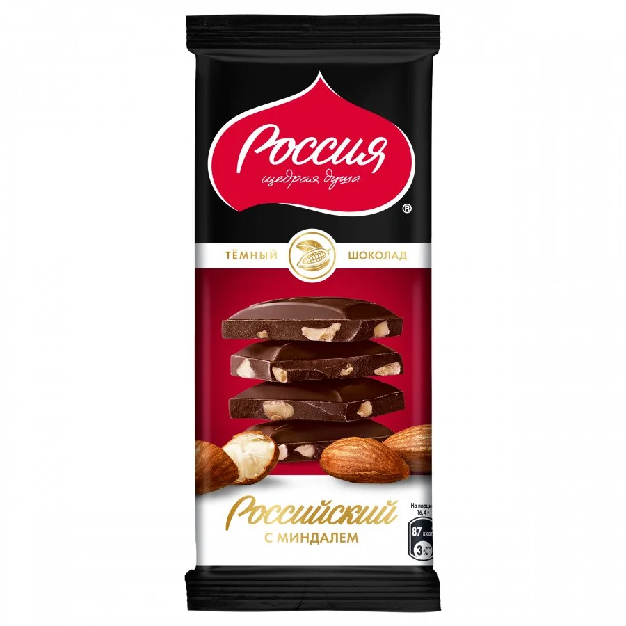 РОССИЙСКИЙ Темный шоколад с миндалем, 82г