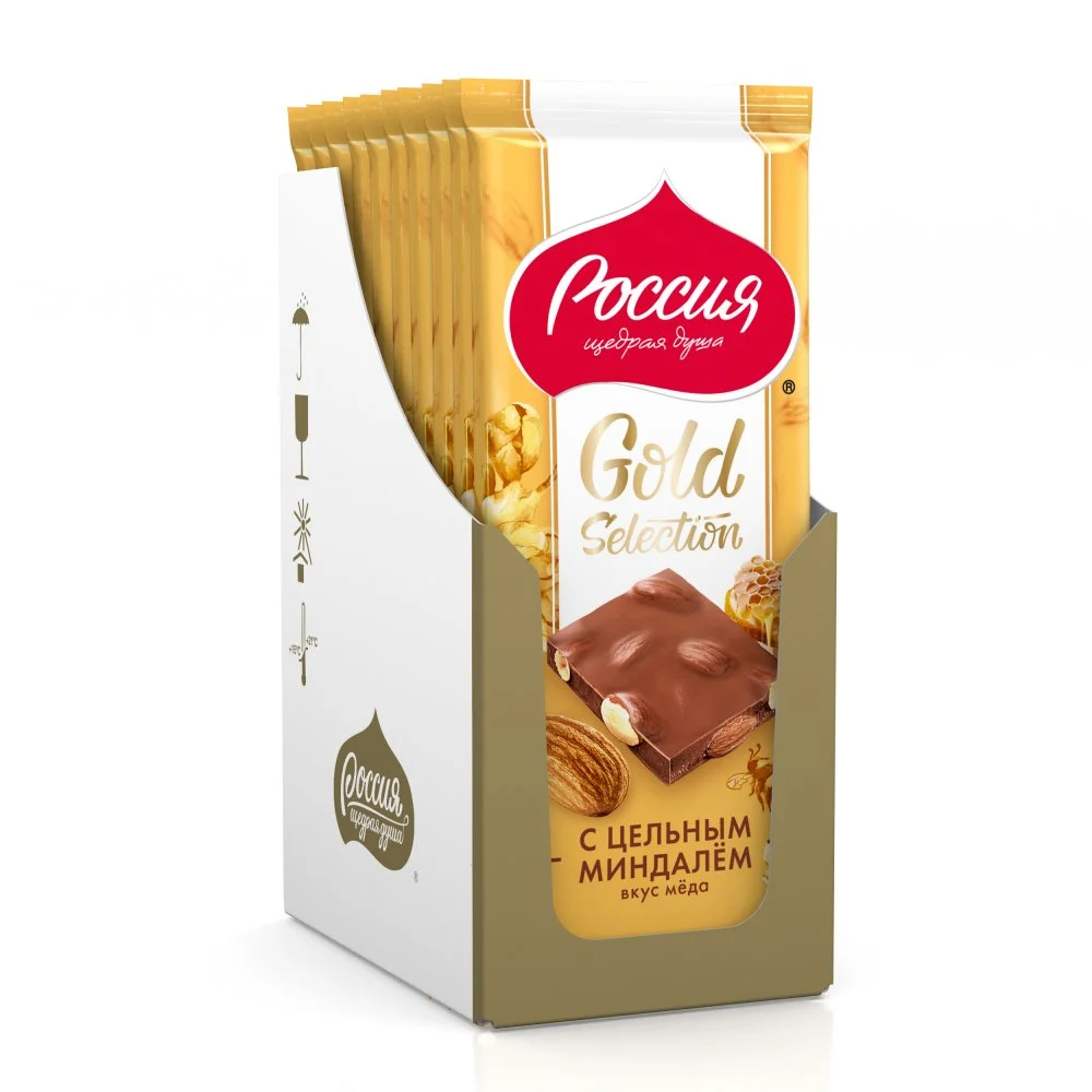 «Россия» - Щедрая Душа!® ГОЛД СЕЛЕКШН. Молочный шоколад с миндалем со вкусом мёда. 80г