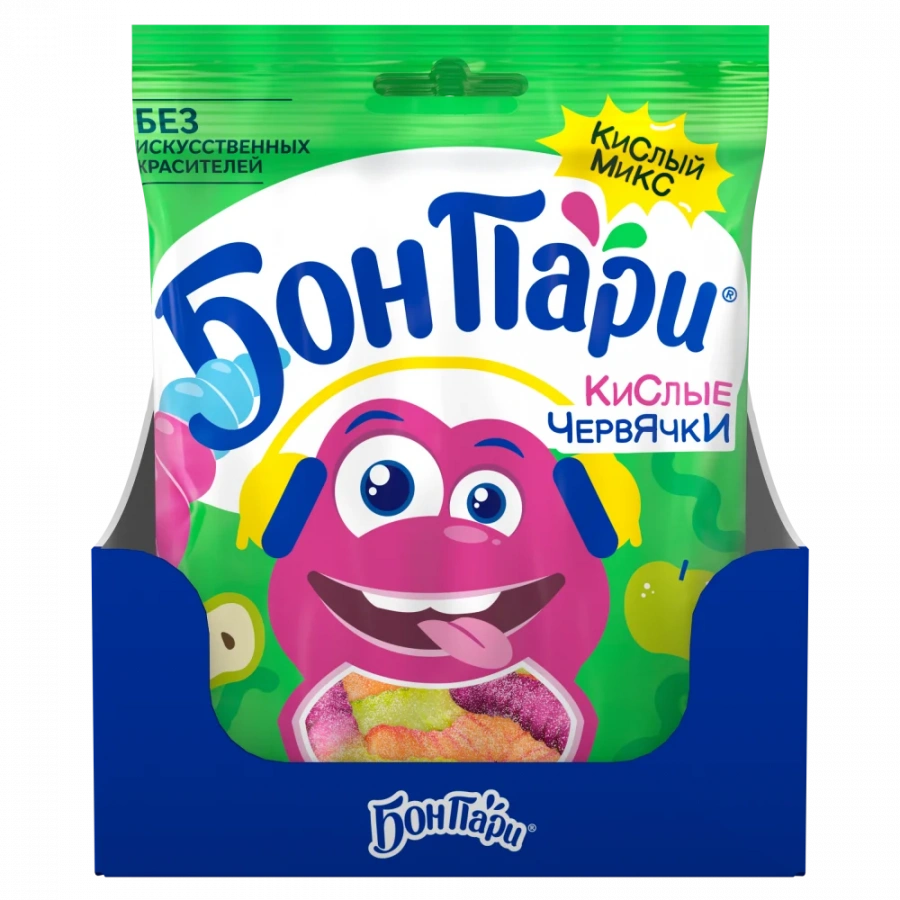 БОН ПАРИ КИСЛЫЕ ЧЕРВЯЧКИ Мармелад жевательный фигурный со вкусом фруктов. 75г