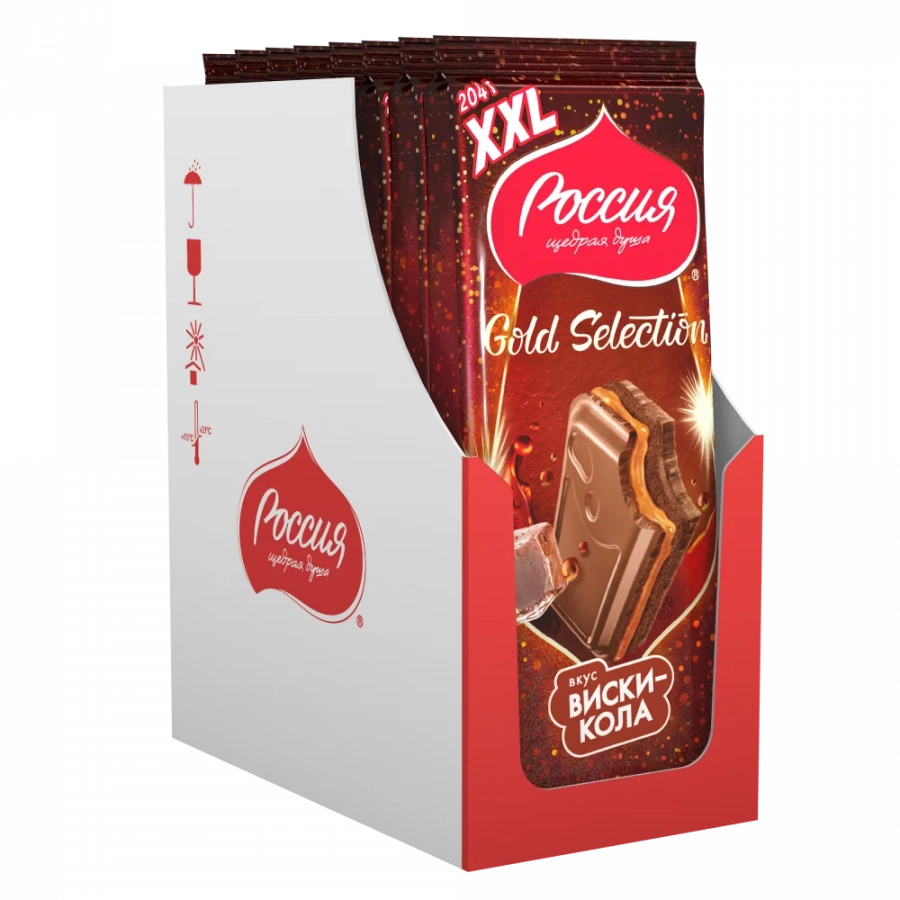 «РОССИЯ» - ЩЕДРАЯ ДУША!® ГОЛД СЕЛЕКШН. ВКУС ВИСКИ КОЛА. Молочный шоколад с двухслойной начинкой: карамельная начинка со вкусом виски и начинка со вкусом колы.
