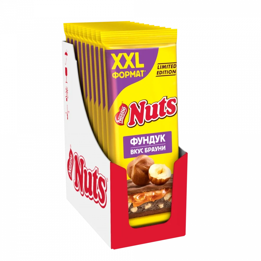 NUTS® вкус брауни. Молочный шоколад с фундуком и начинкой со вкусом брауни.  180г