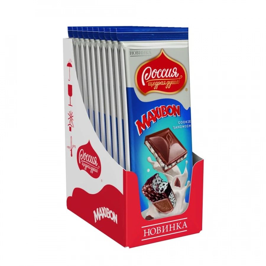 «Россия» - Щедрая Душа!® MAXIBON. COOKIE SANDWICH. Молочный шоколад с двухслойной начинкой со вкусом мороженого Maxibon и печеньем 80г