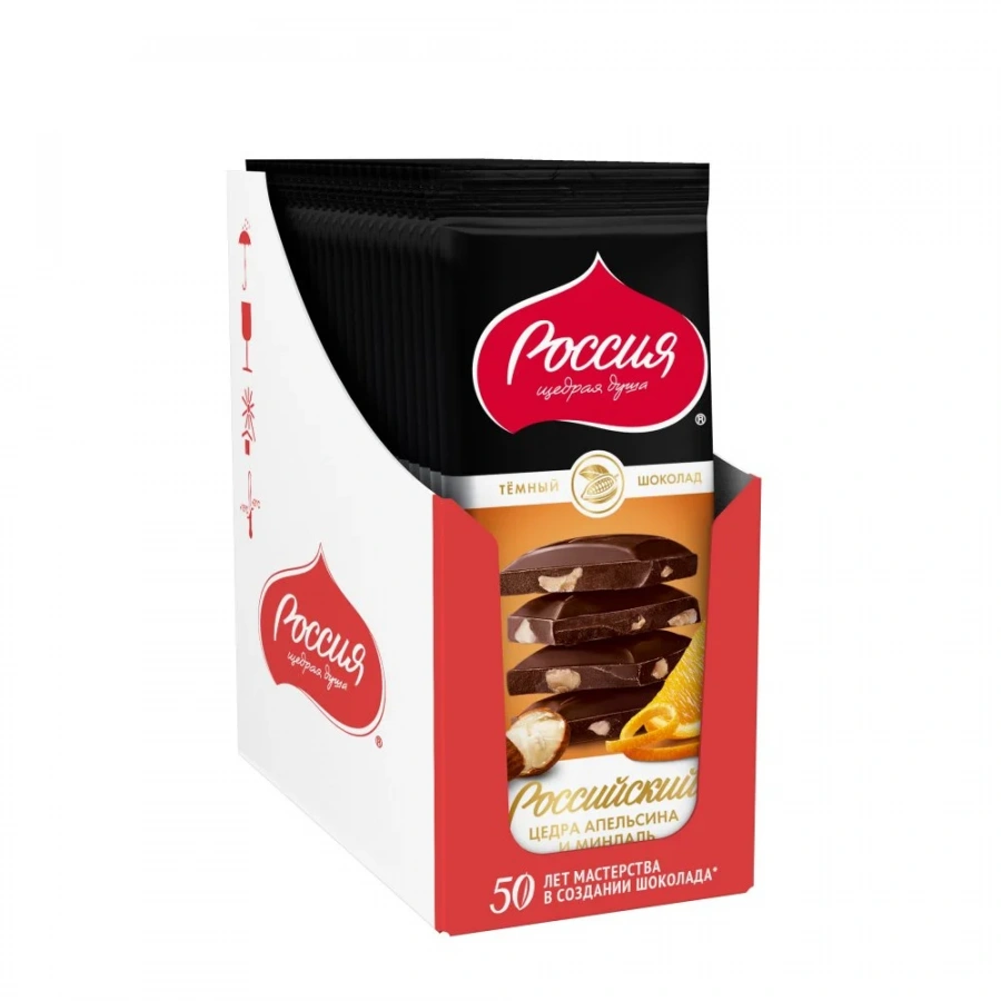 «Россия» - щедрая душа!® Российский. Темный шоколад с цедрой апельсина и миндалем. 82г