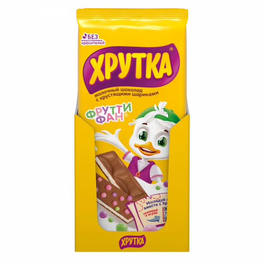 Хрутка. ФруттиФан. Молочный шоколад с молочной начинкой со вкусами фруктовый микс и банан, с хрустящими шариками 88г