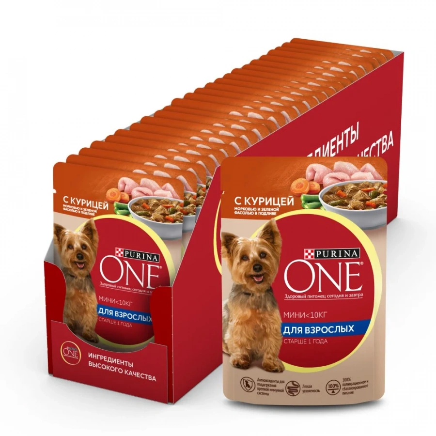 Влажный корм Purina ONE Мини Взрослая для собак мелких пород старше 1 года, с курицей, морковью и зеленой фасолью в подливе 85 г
