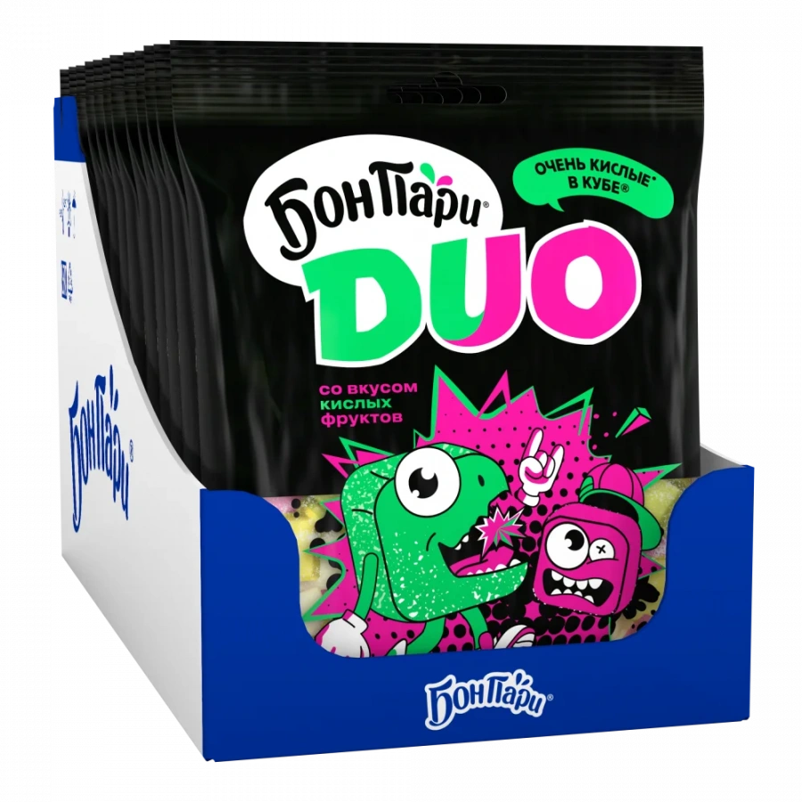 БОН ПАРИ®. ДУО. ОЧЕНЬ КИСЛЫЕ В КУБЕ®. МАРШМЕЛЛОУ. СБИВНОЕ КОНДИТЕРСКОЕ ИЗДЕЛИЕ СО ВКУСОМ КИСЛЫХ ФРУКТОВ.