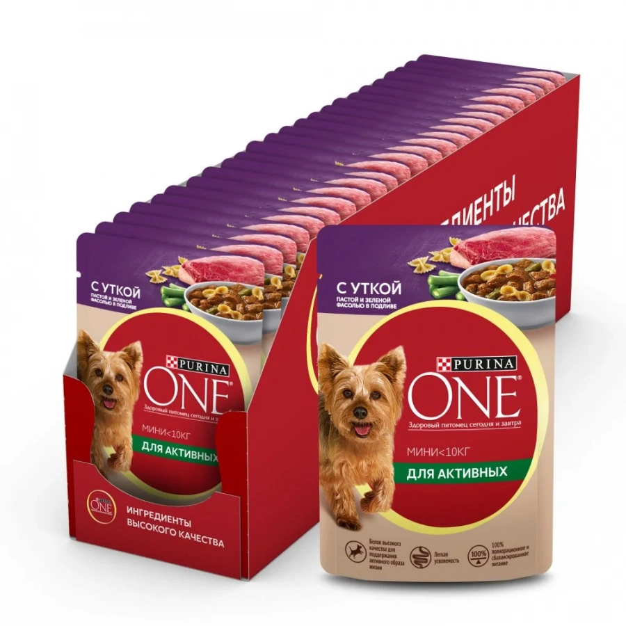 Влажный корм Purina ONE® Мини Активная для взрослых собак мелких пород с активным образом жизни, с уткой, пастой и зеленой фасолью в подливе, Пауч, 85 г