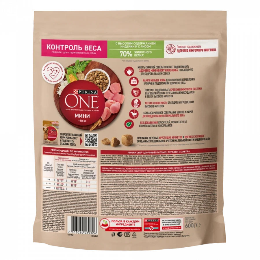 Сухой корм Purina ONE® МИНИ Здоровый вес для собак мелких пород, склонных к набору веса, с высоким содержанием индейки и с рисом, Пакет, 600 г